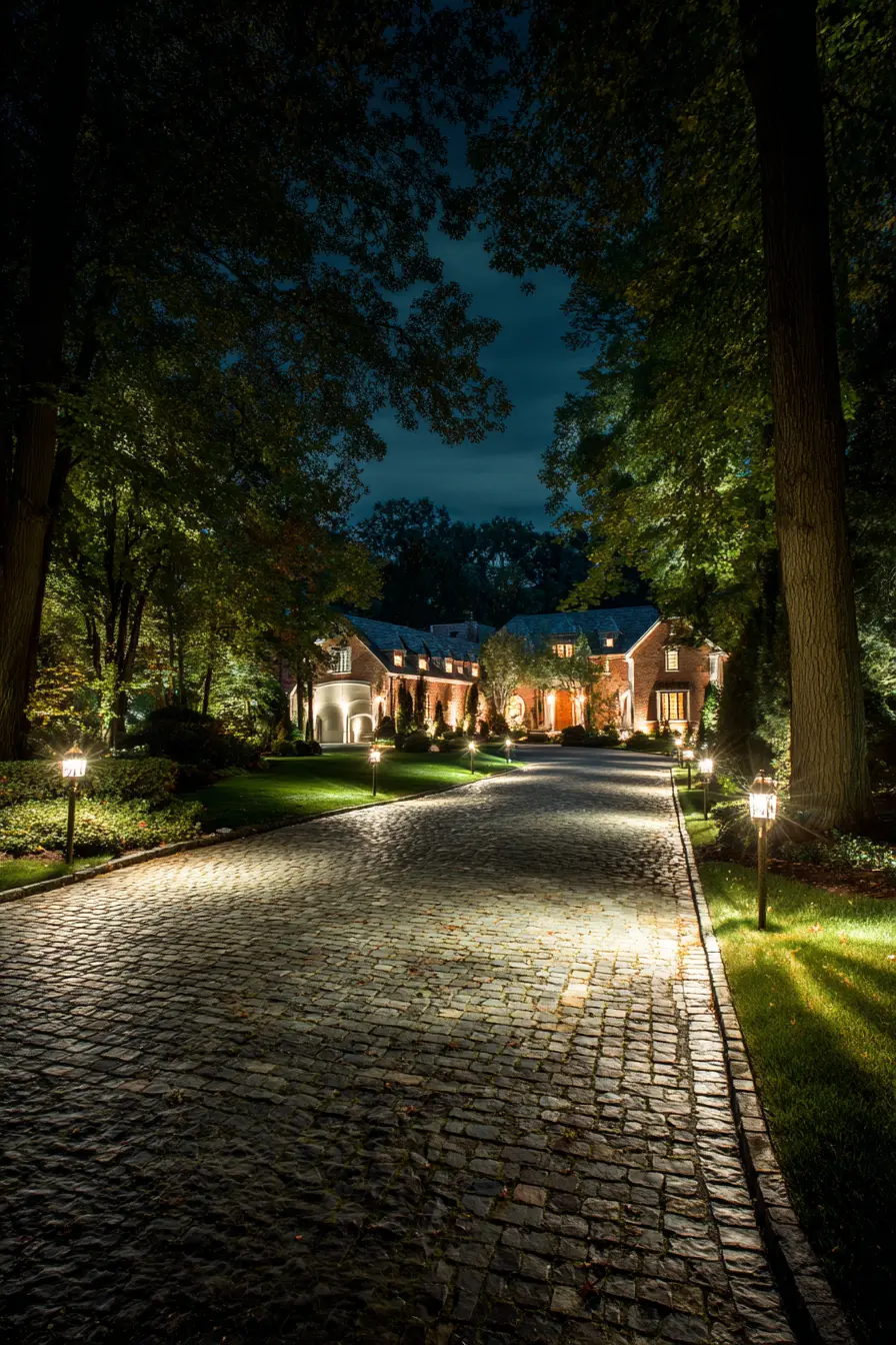 Warm Brick Driveway with Night Lighting Charm