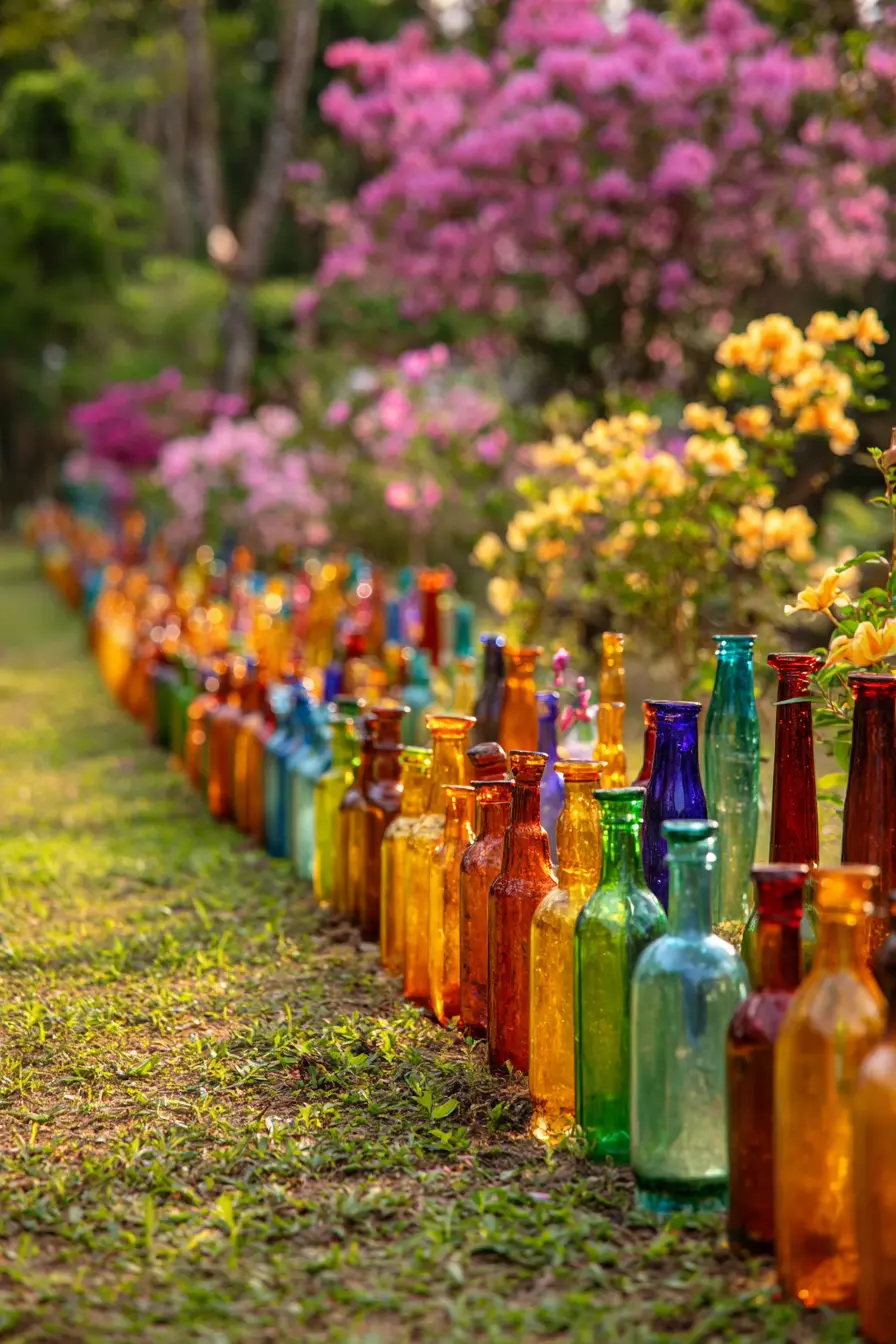 Colorful Glass Bottle Edging for a Playful Lawn Border