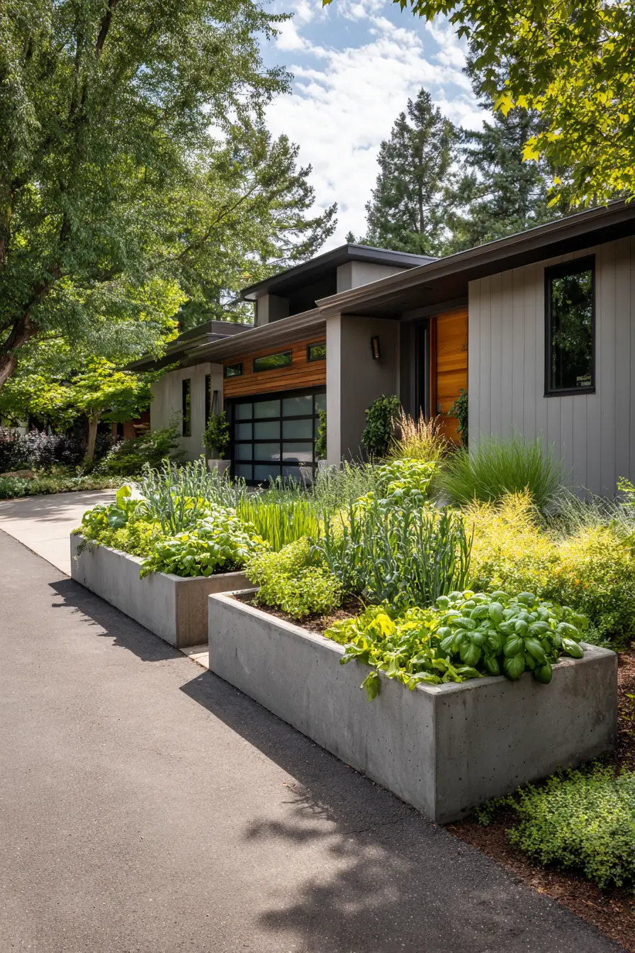 Contemporary Concrete Driveway Planters with Edible Greens