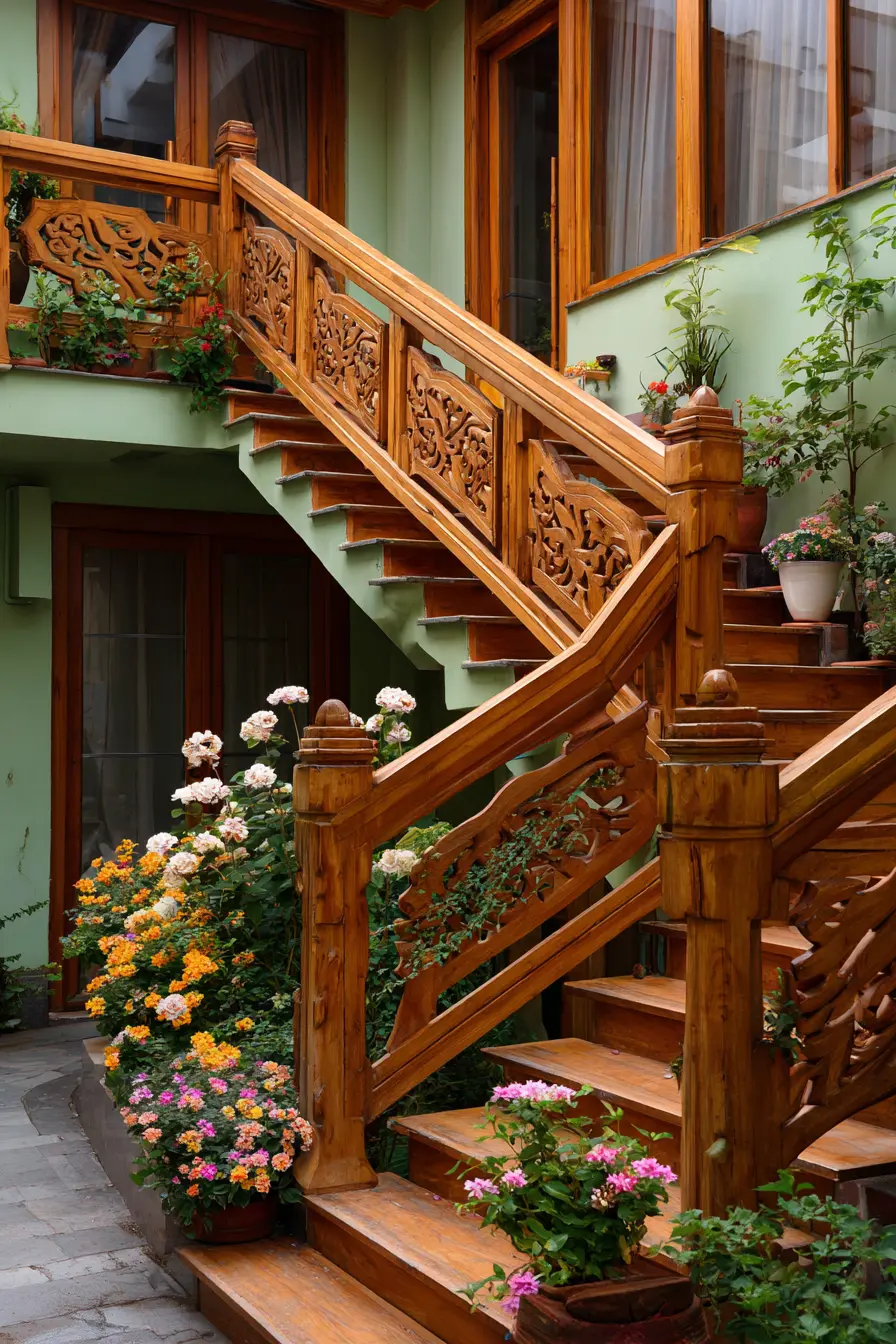 Ornate Wooden Ramp Handrail with Artistic Carvings