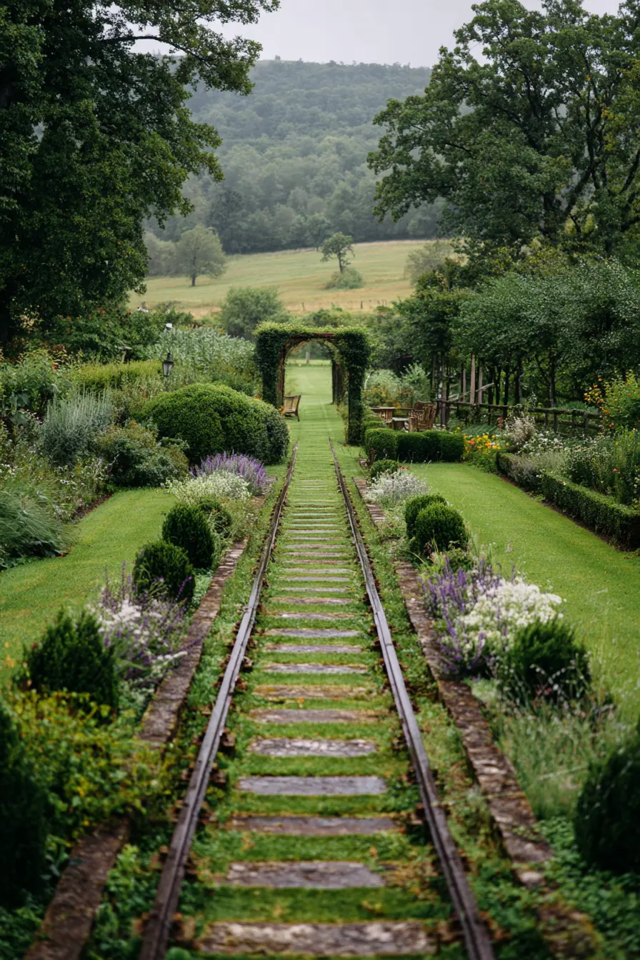 Elegant Railroad Tie Walkway with Garden Arch