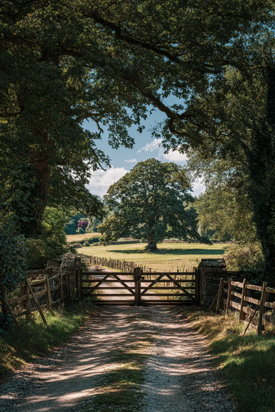 Rustic Wooden Gate Framed by Country Fields