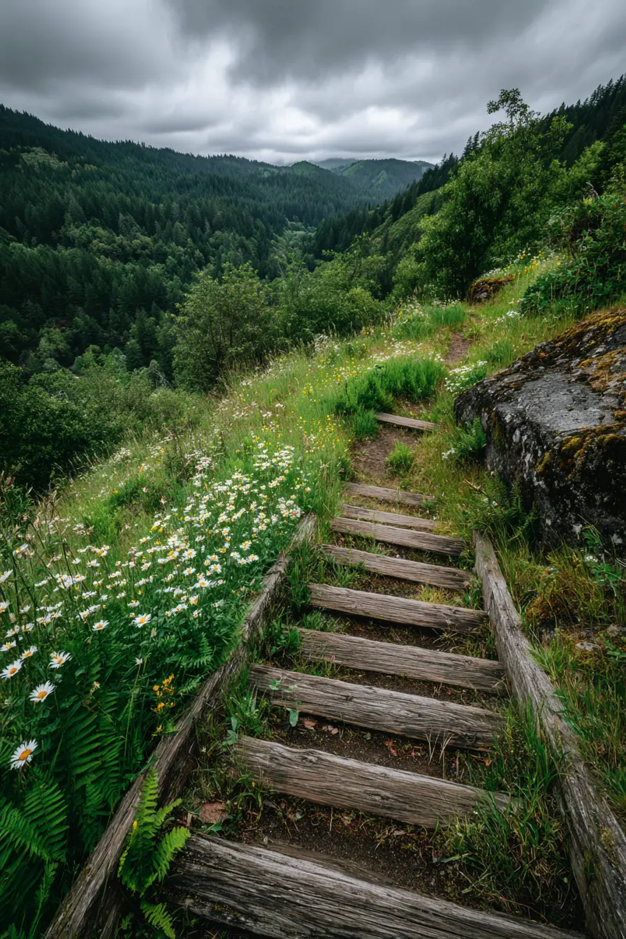 Rustic Wooden Steps Along a Wildflower Path