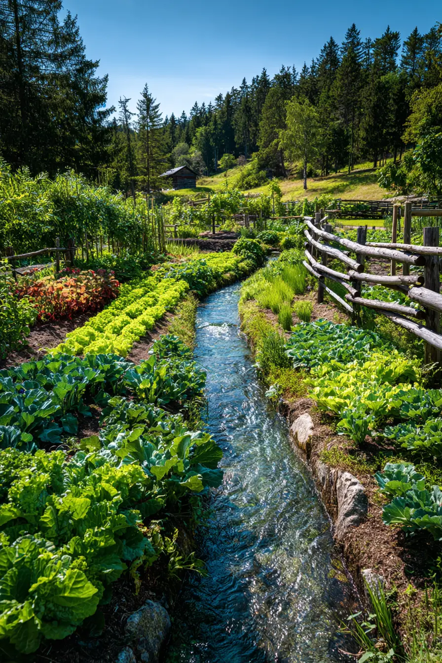 Water Channel Pathway Through a Thriving Garden