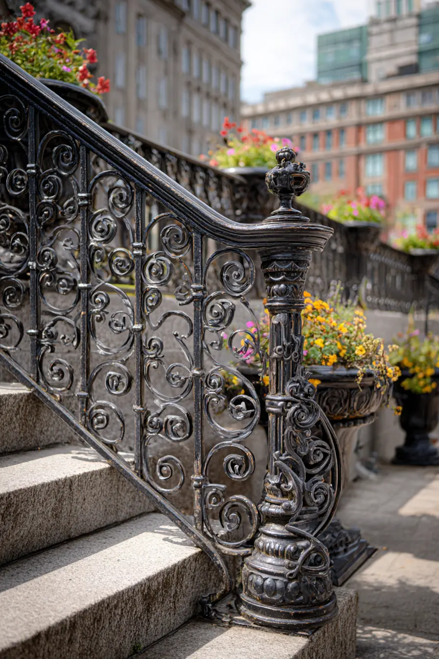 Classic Concrete Stairs with Ornate Ironwork