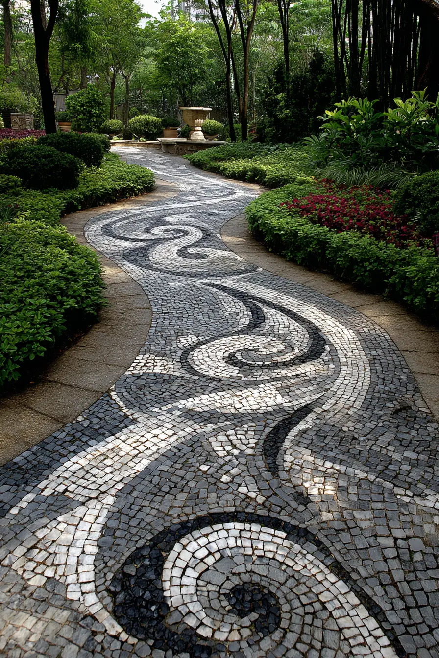 Artistic Mosaic Pathway in a Cottage Garden