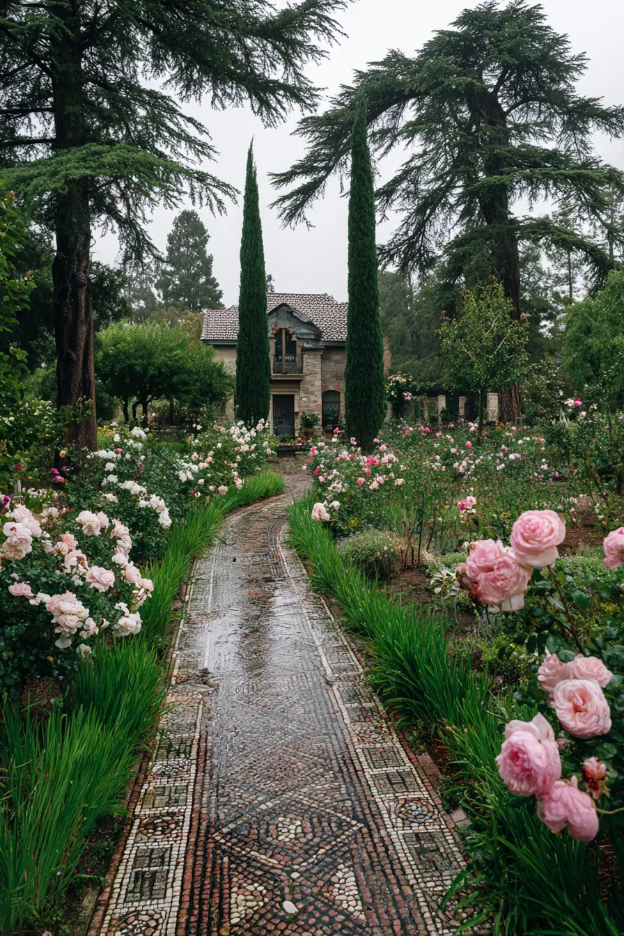 Mosaic Garden Pathway Framed by Roses