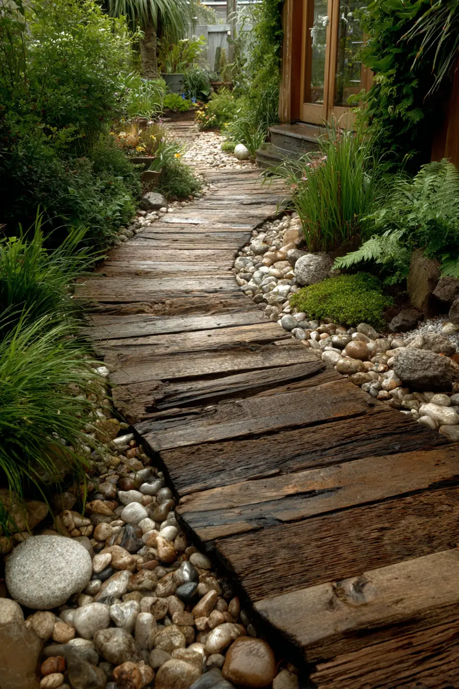 Wooden Walkway with Pebble Accents