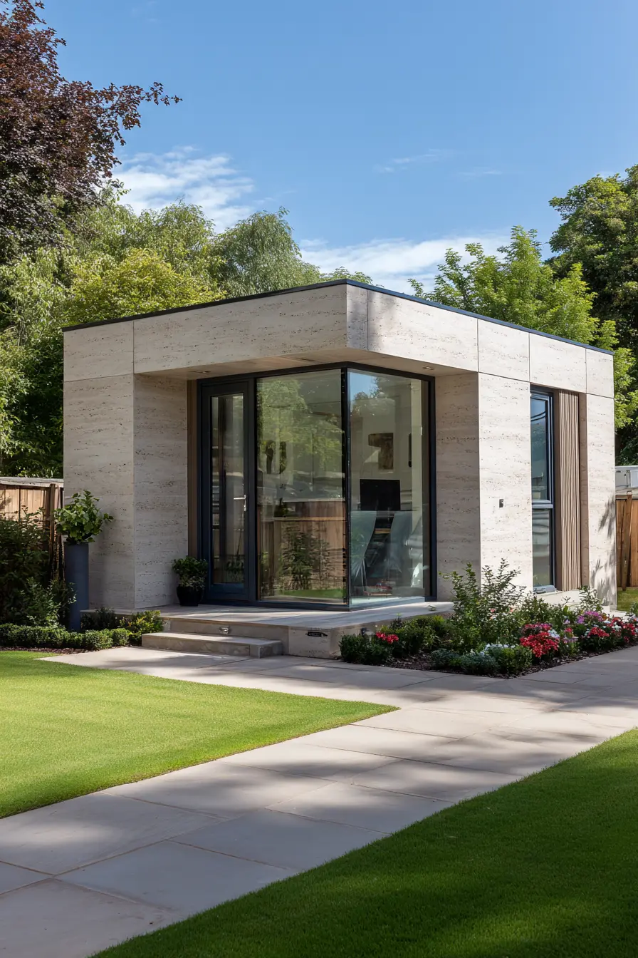 Sleek Stone Walkway to a Modern Shed