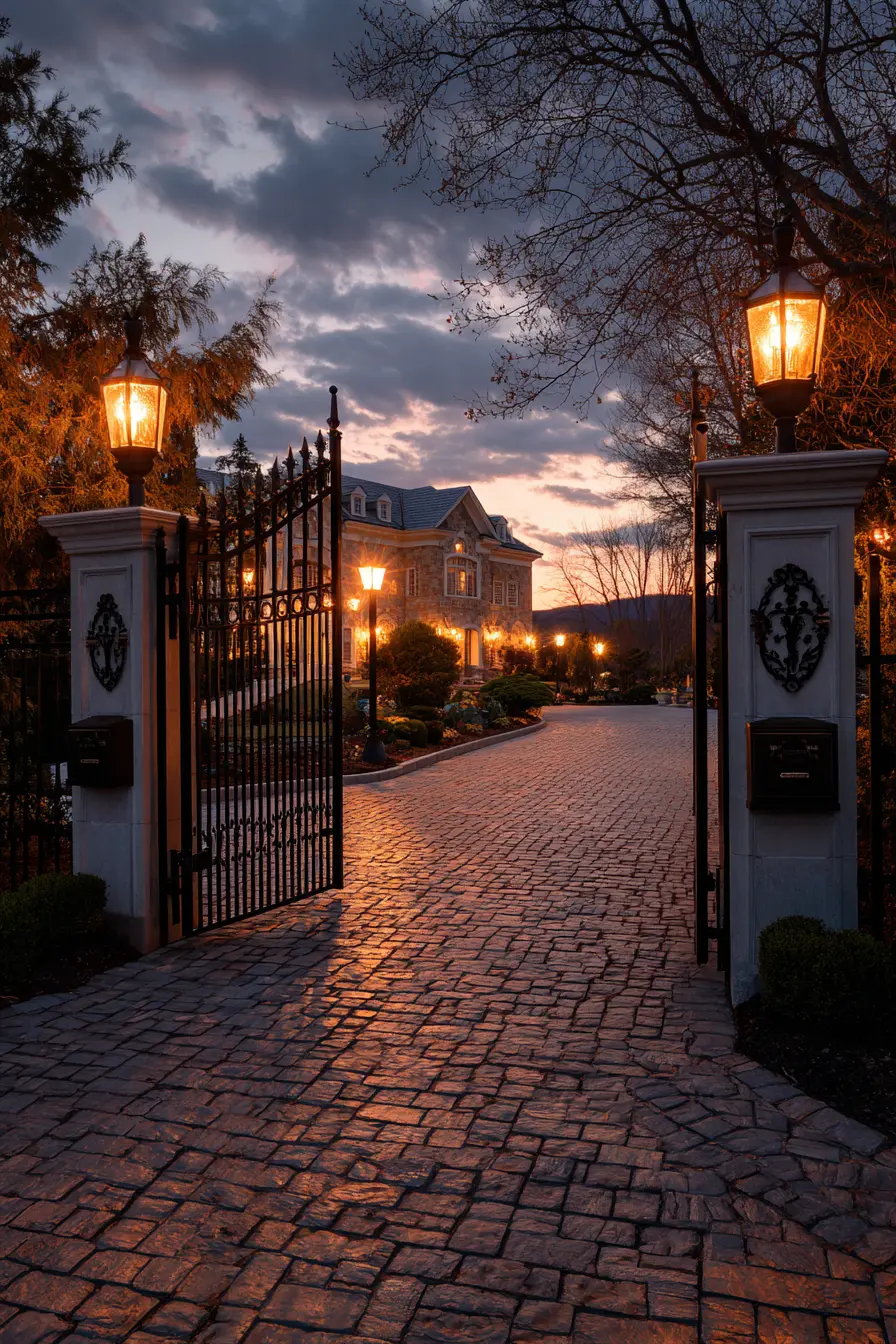 Driveway Entrance Posts with Elegant Gate Lighting