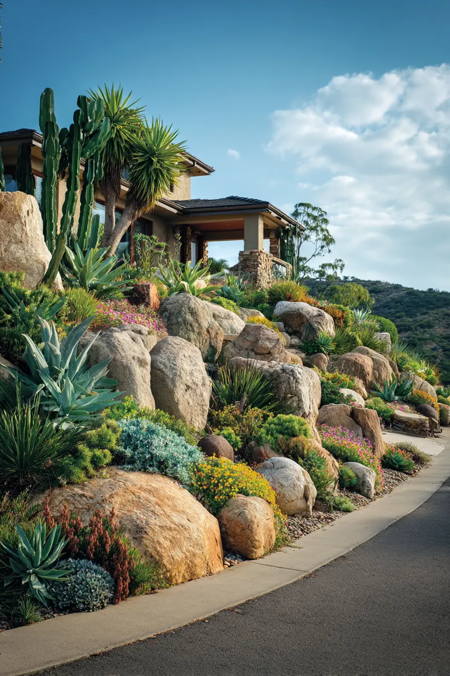 Desert-Inspired Driveway with Cactus and Succulents