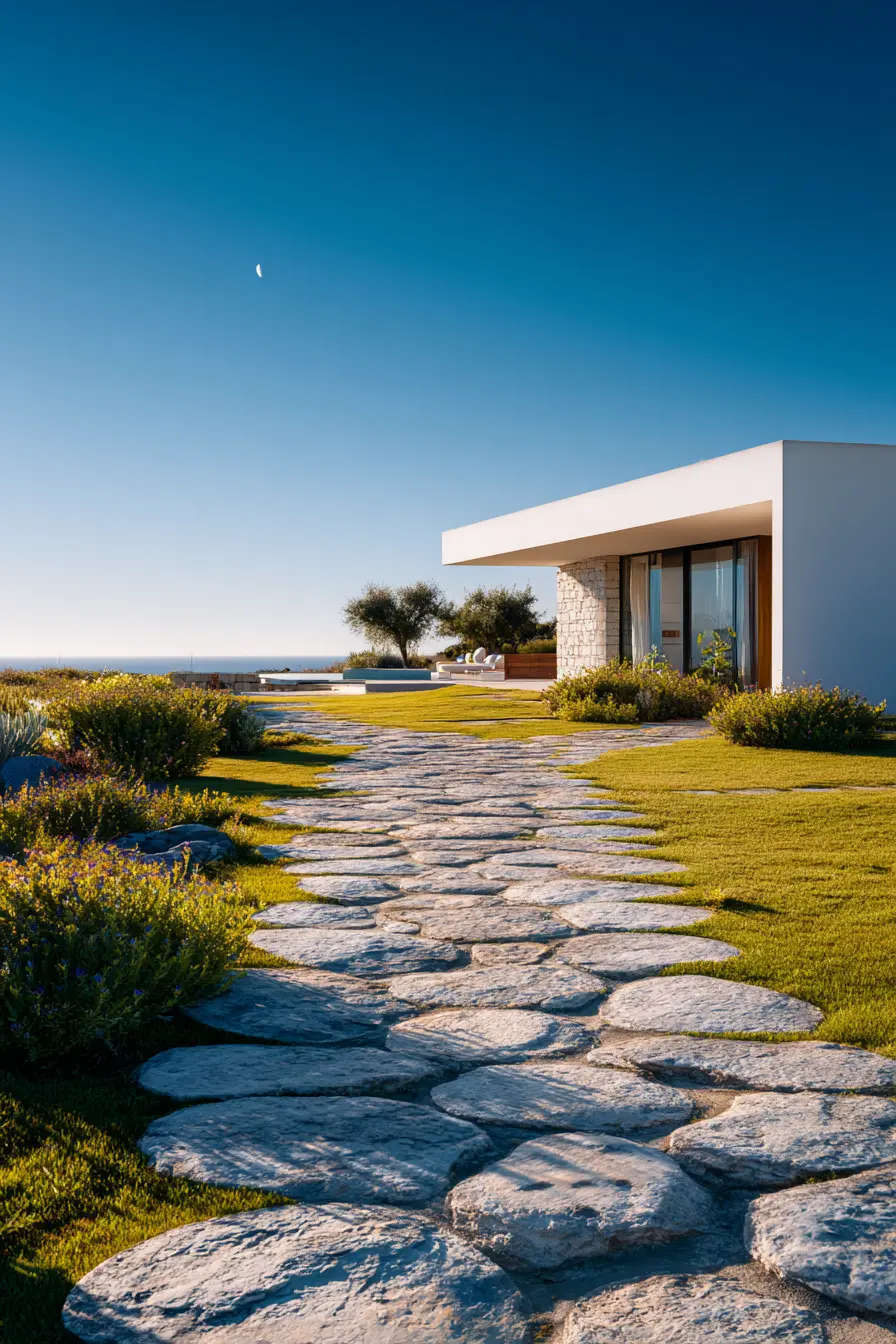 Wide Stone Grass Walkway with Coastal Charm