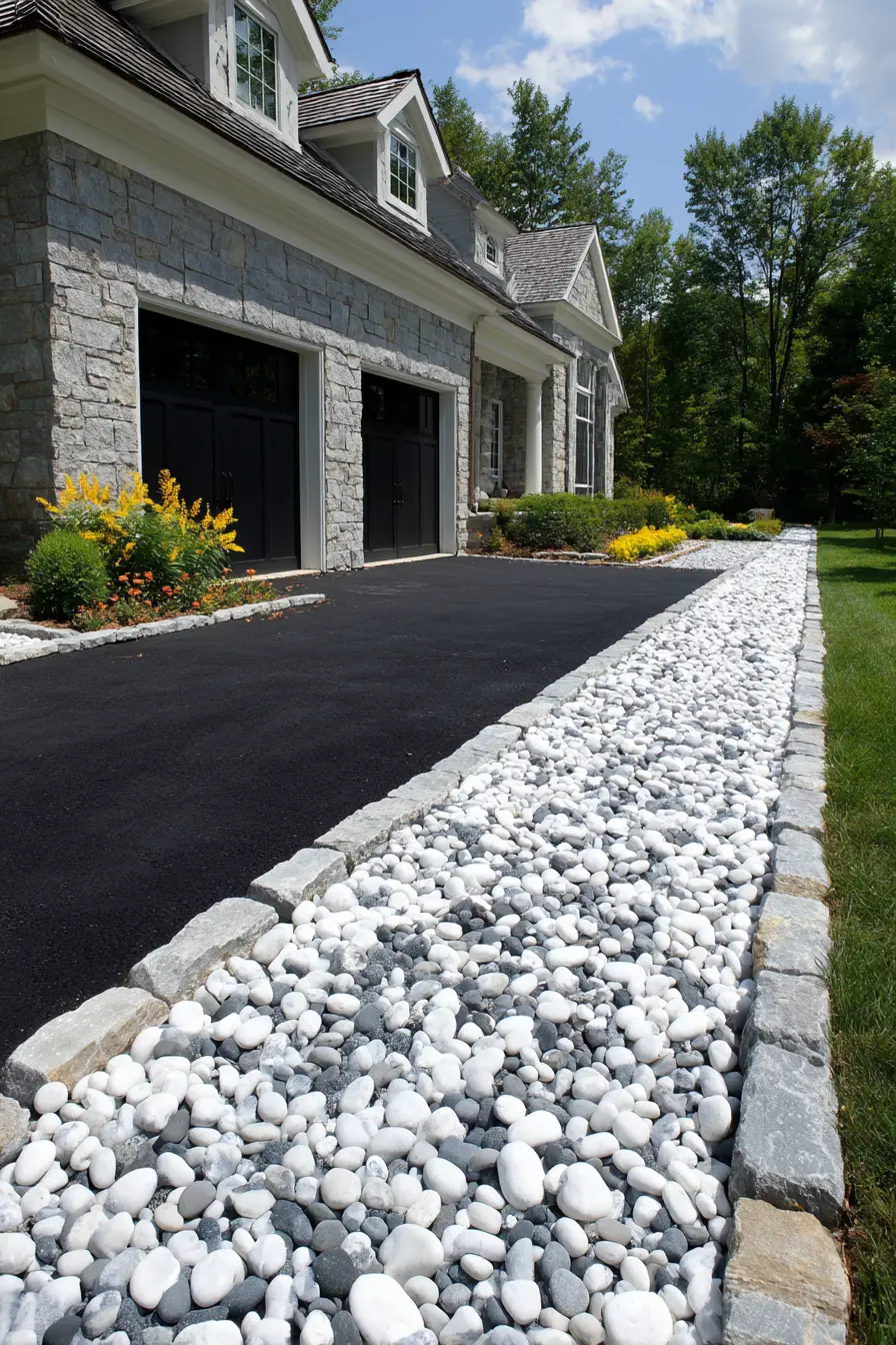 Sleek White River Rock Border for Modern Driveway