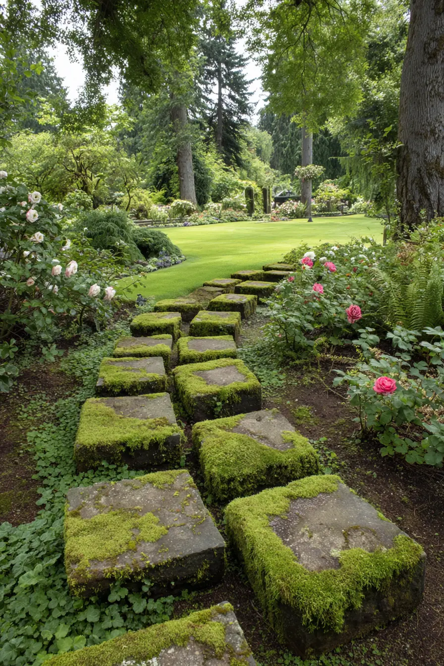 Moss-Covered Stepping Stones in a Garden Path