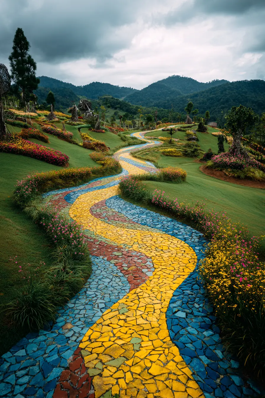 Vibrant Mosaic Concrete Pathway Through Rolling Gardens