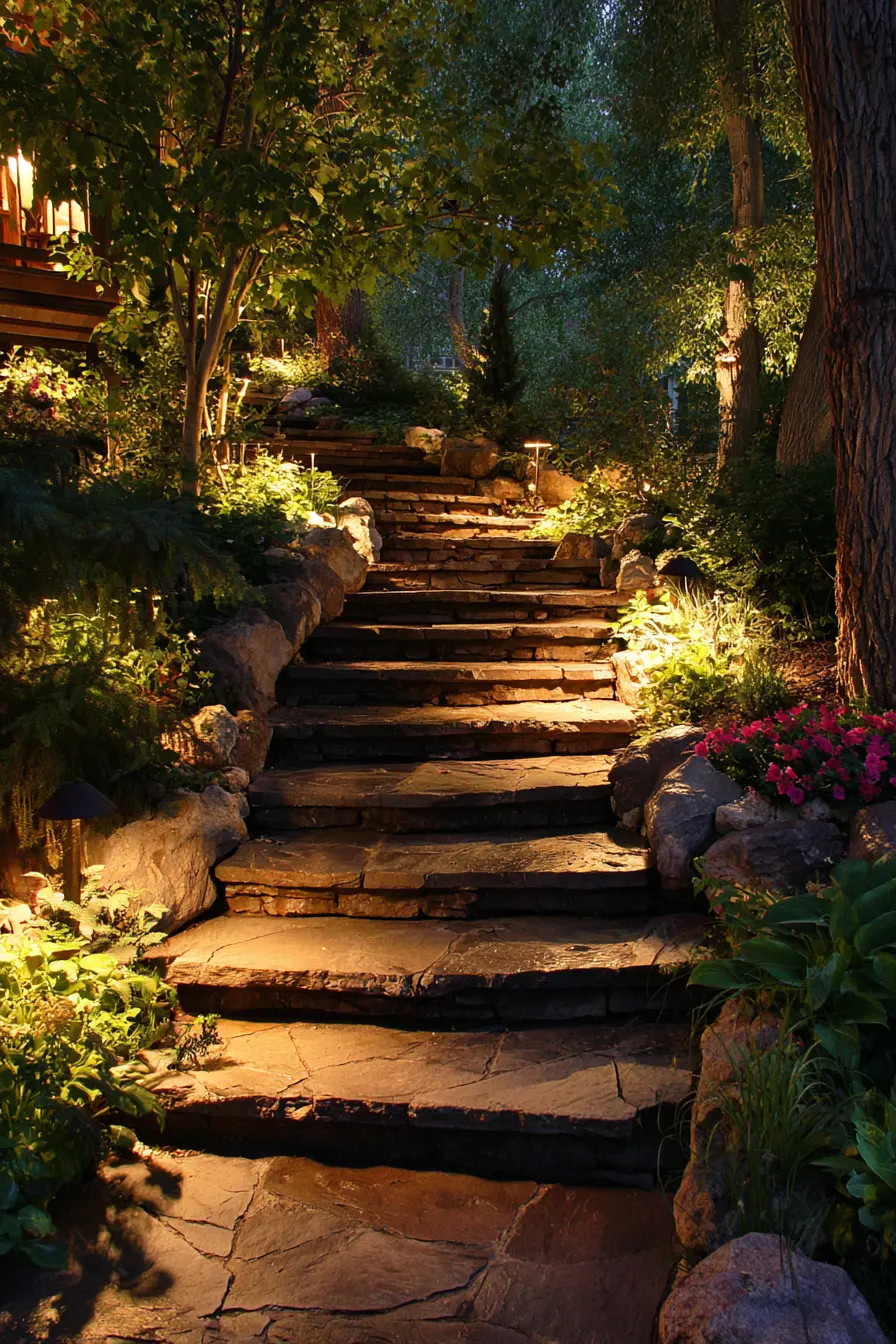 Rustic Stone Stair Risers with Warm Night Lighting