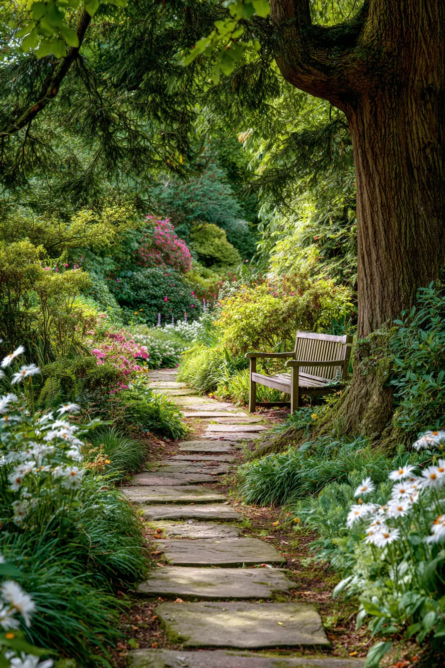 Shaded Stone Path with Garden Bench