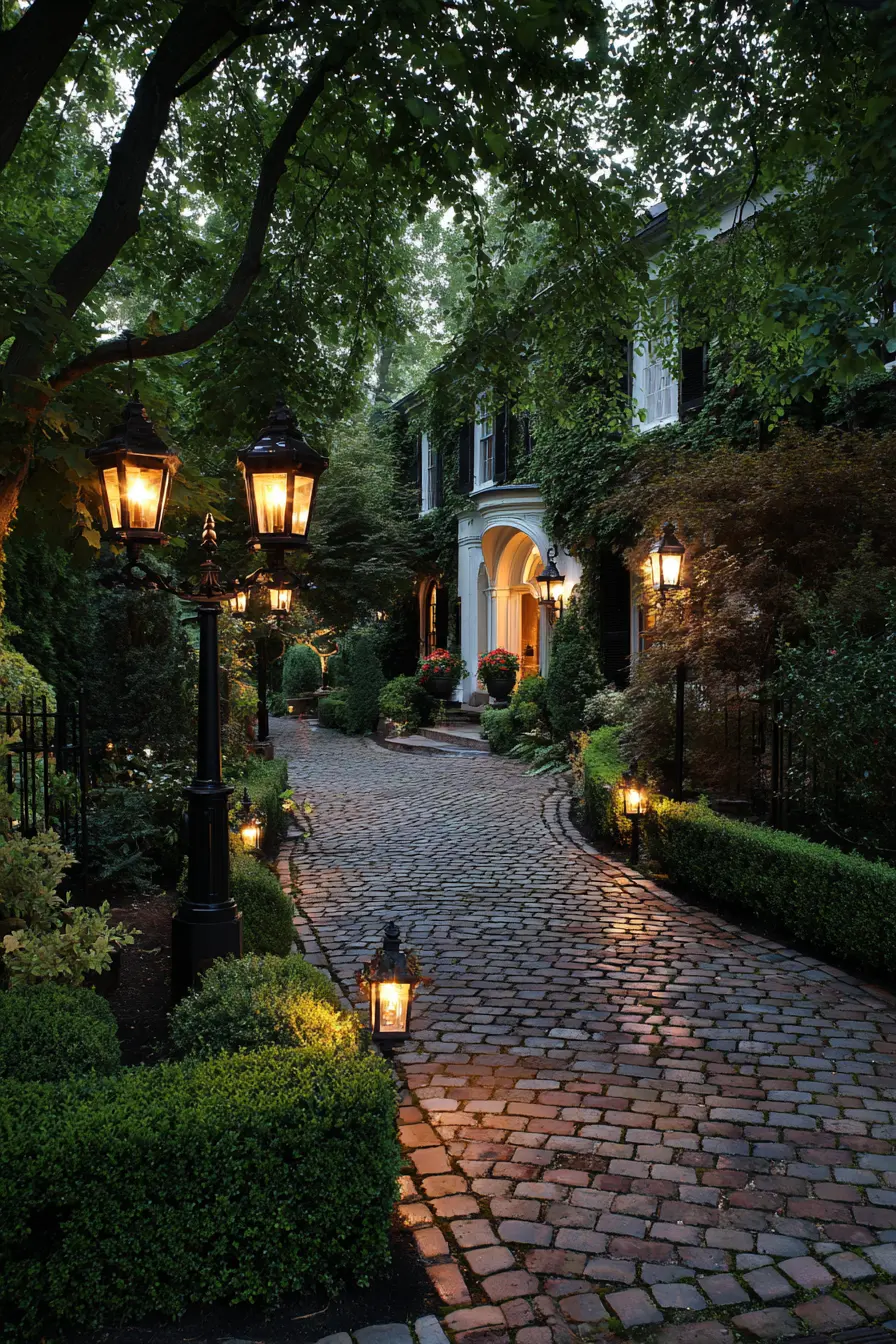 Cobblestone Parking Pad with Classic Lantern Lighting