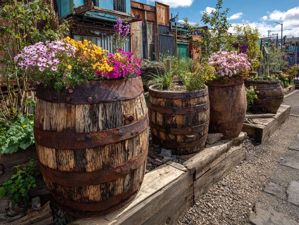 Plant Container Gardens in Rain Barrels
