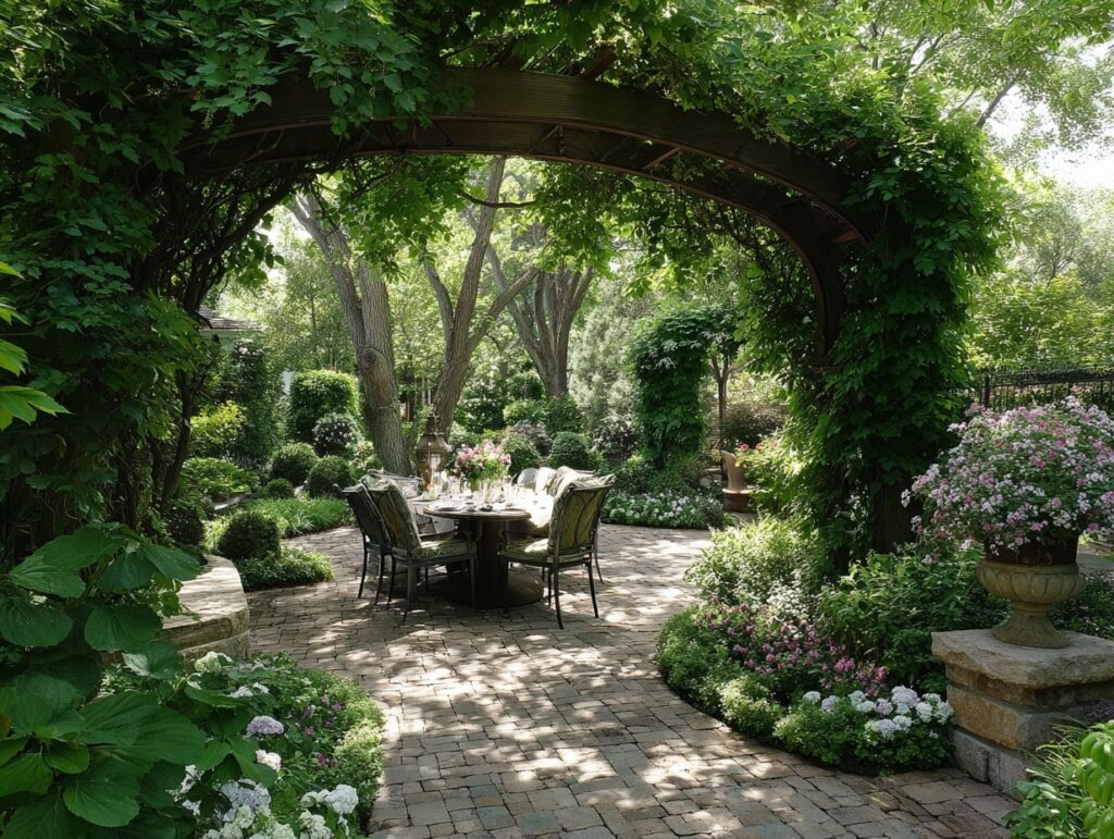 Shaded Garden Dining Under a Leafy Arch

