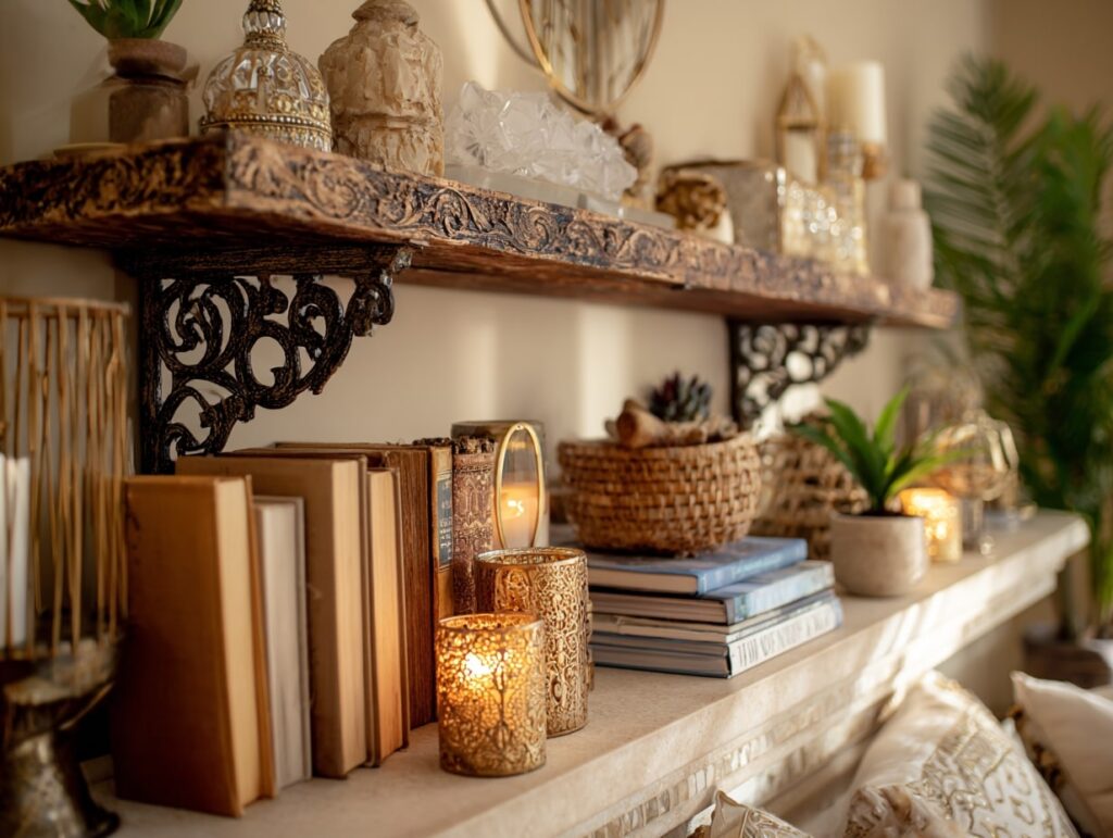 Boho Living Room Shelf with Collected Treasures

