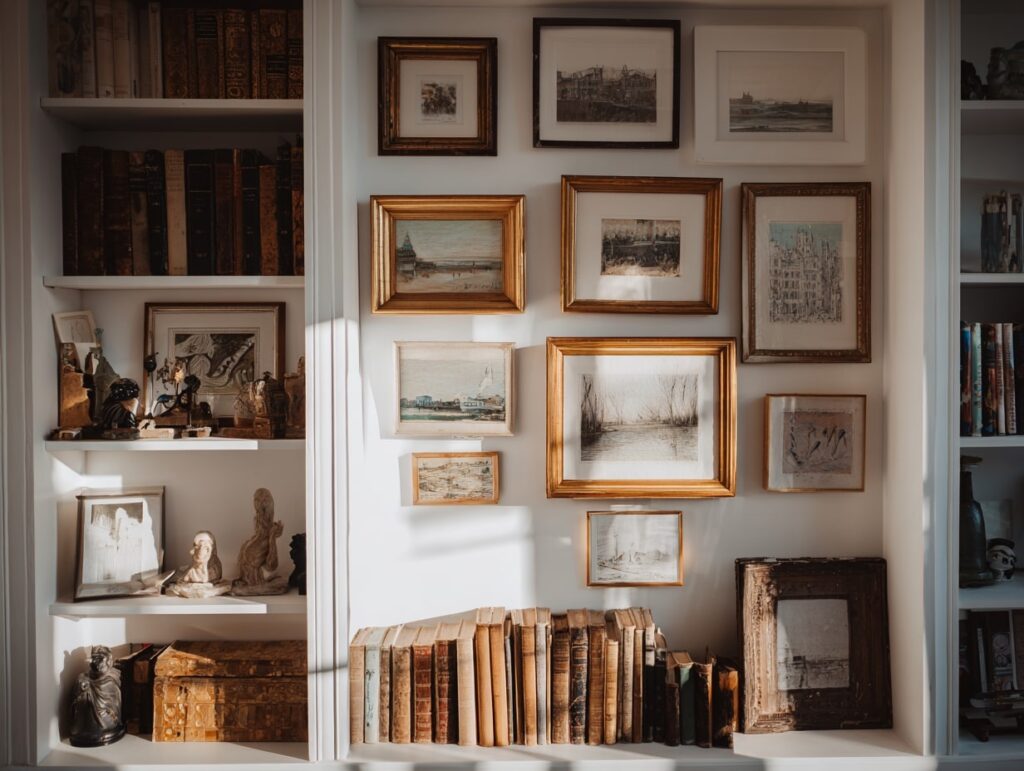 Antique Library Wall with Framed Art

