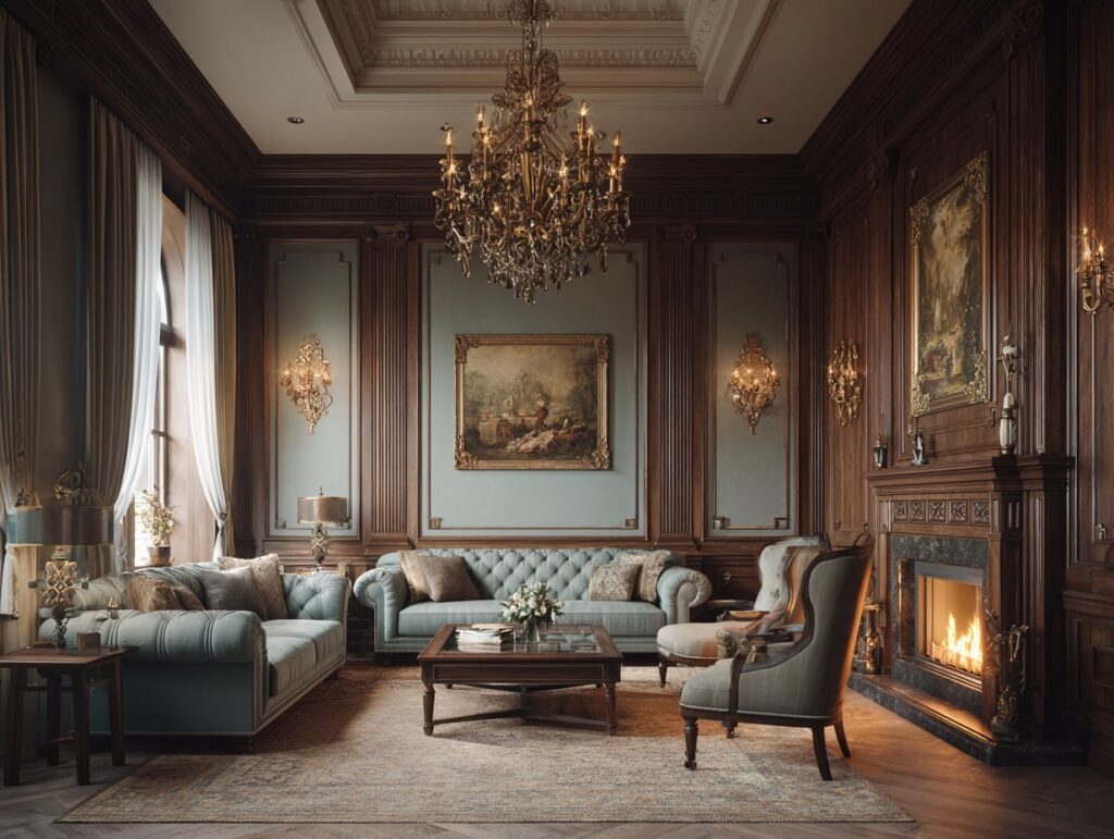 Grand Wood-Panelled Salon with Chandelier Glow