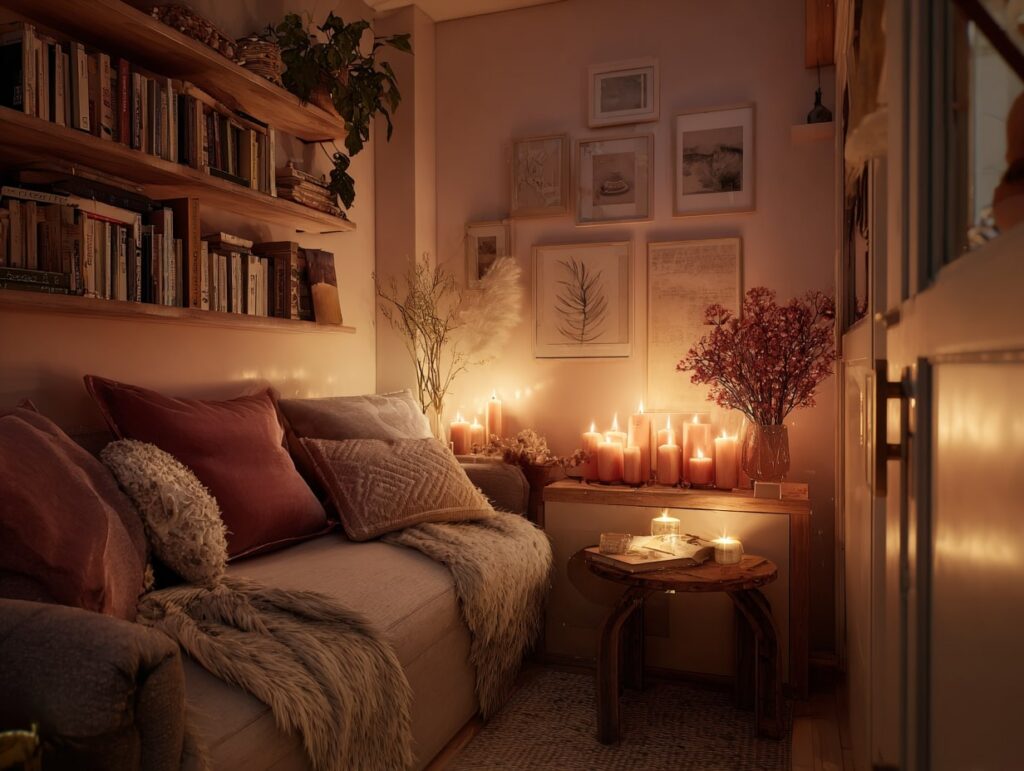 Candlelit Reading Nook with Cozy Textures


