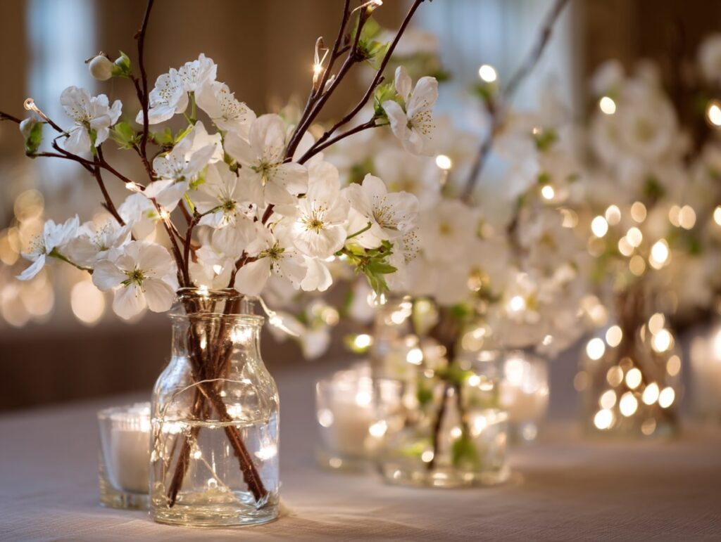 Blossom Branch Centerpieces with Soft Easter Lights

