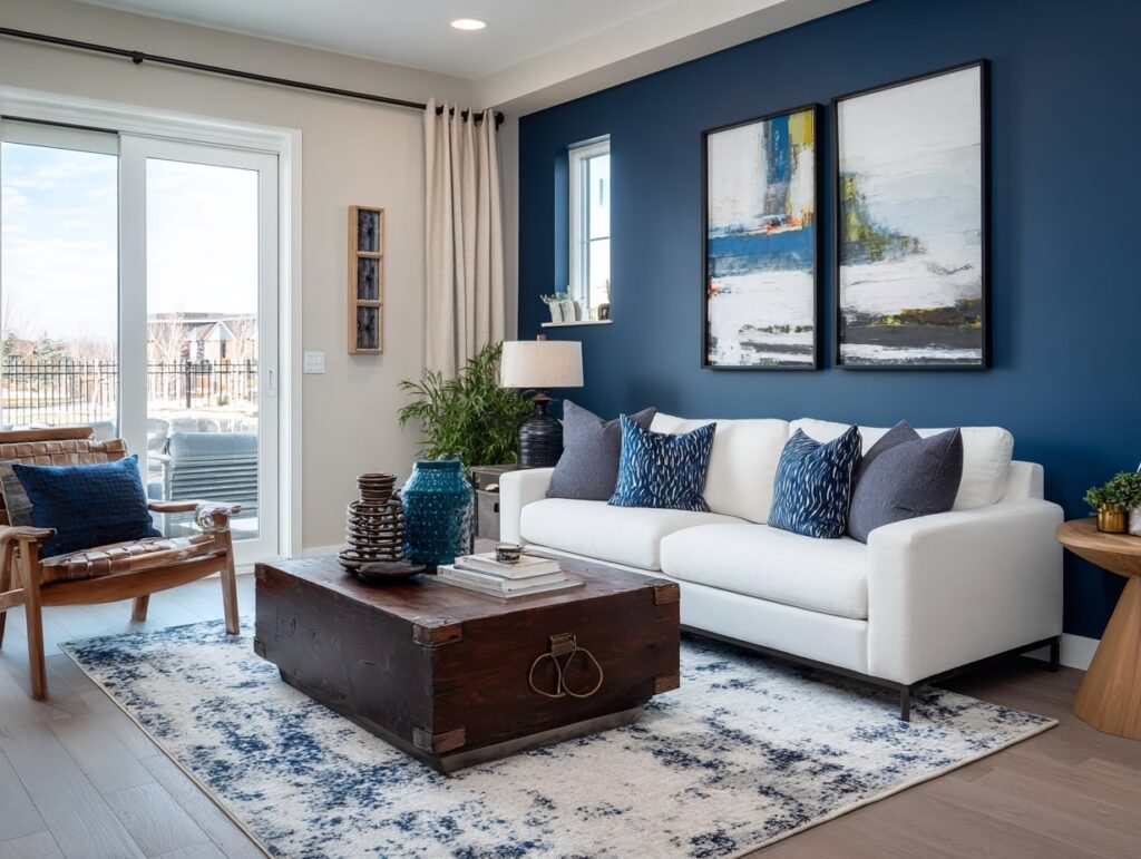Beige and Navy Living with Bold Contrast

