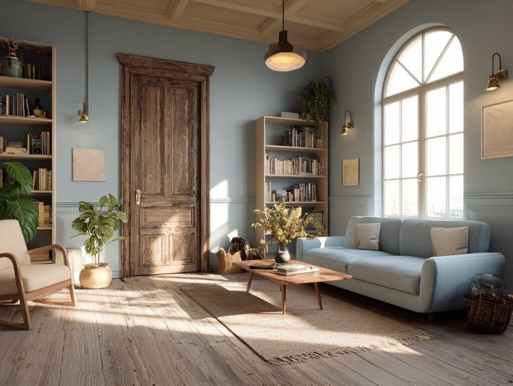Rustic Doorway in a Sunlit Reading Room

