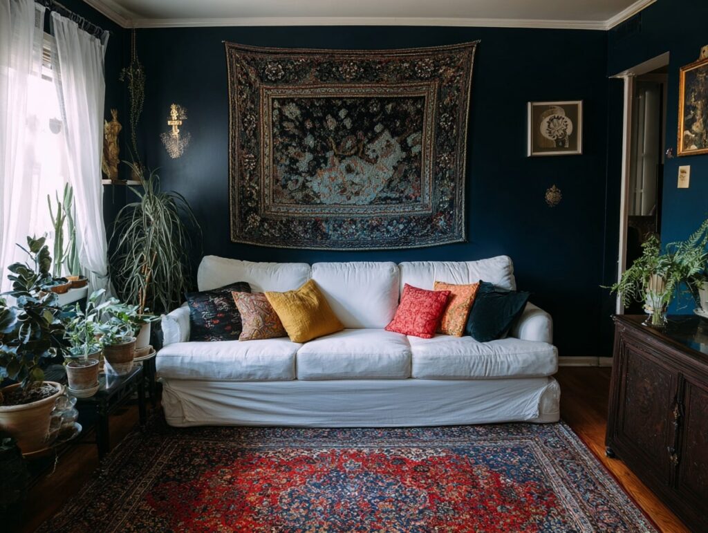 Moody Boho Living Room with Rich Jewel Tones

