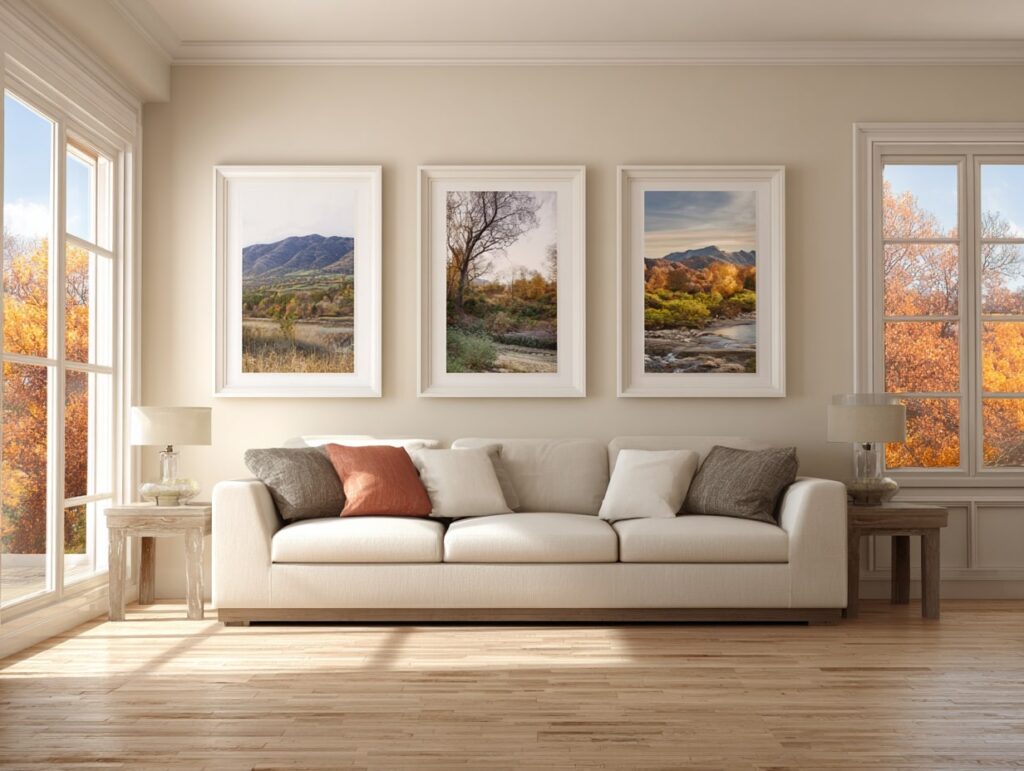 Bright Beige Living Framed by Nature

