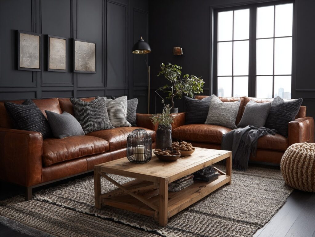 Leather Sofas in a Dark-Toned Living Room

