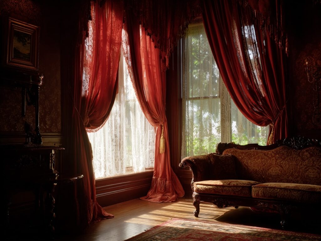 Victorian Elegance with Crimson Drapery

