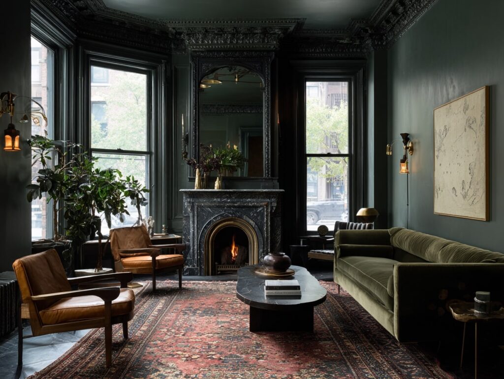 Moody Green Salon with Vintage Accents