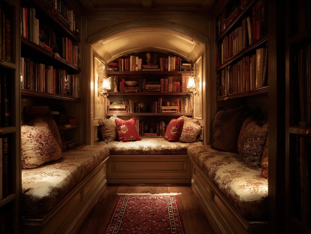 Warm Library Alcove with Plush Seating