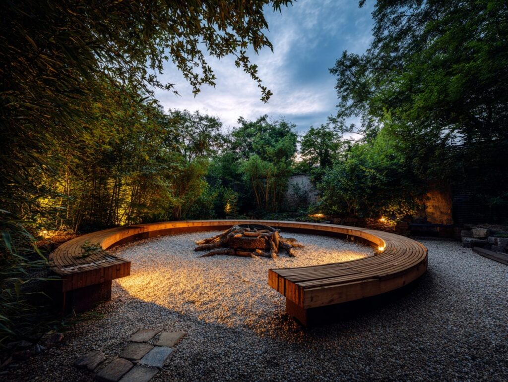 Circular Fire Pit with Ambient Garden Lighting

