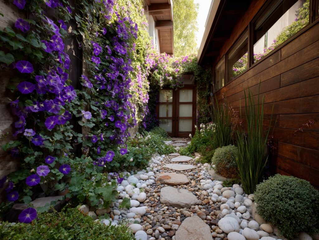 Narrow Garden Path with Blooming Morning Glories

