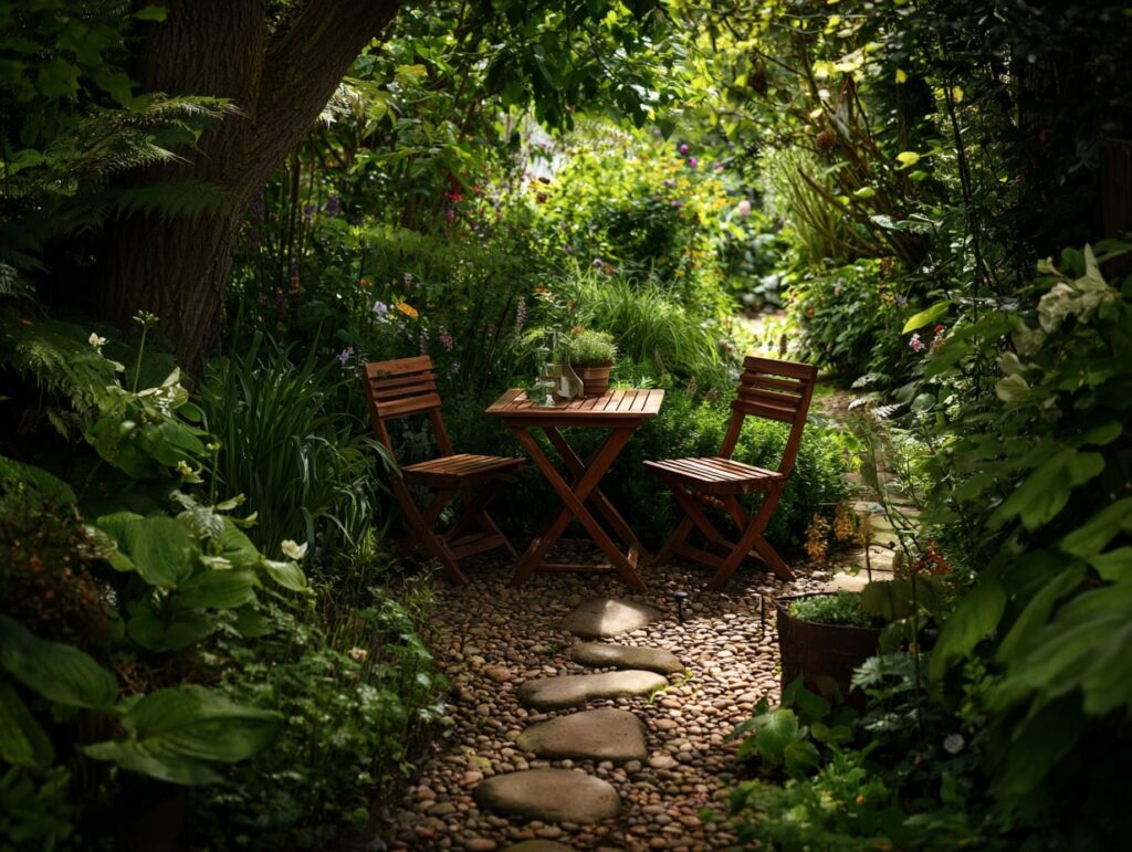 Secluded Garden Nook with Wooden Seating