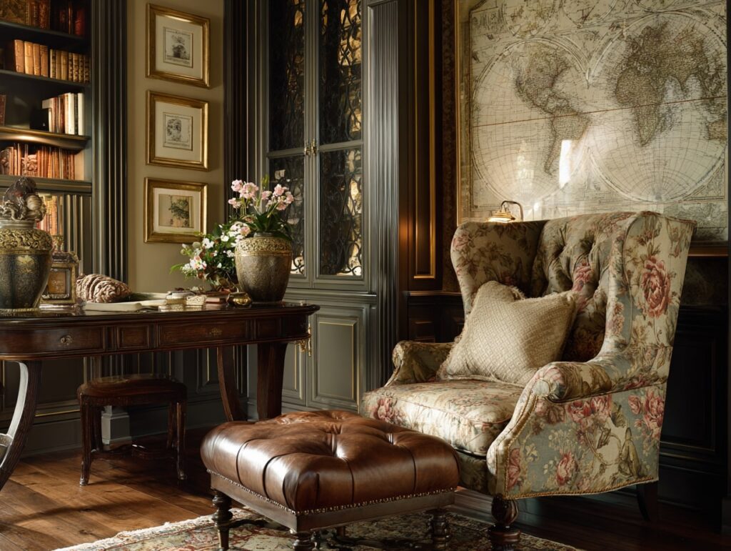 Classic Study with Wingback Chair and World Map