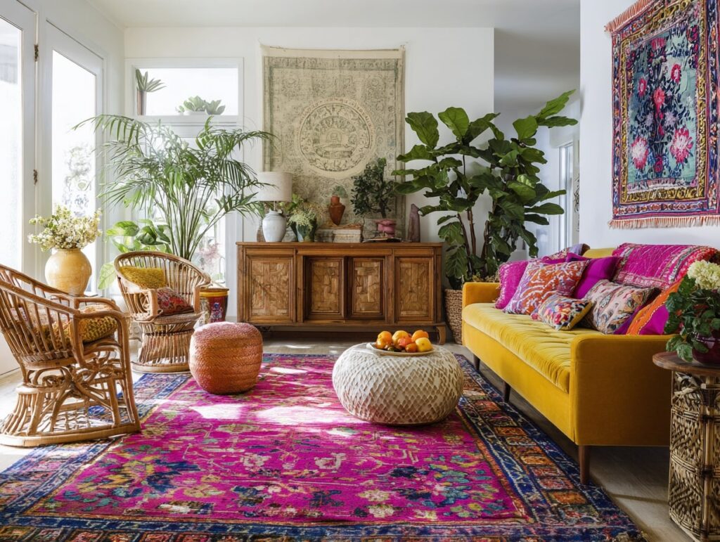 Vibrant Boho Living Room with Bold Colors

