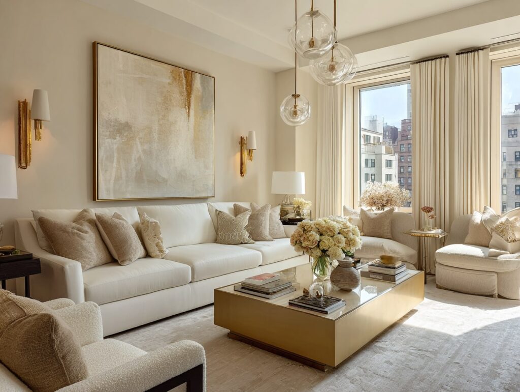 Sophisticated Beige Living with Golden Accents

