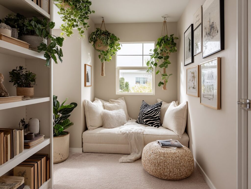 Airy Reading Nook with Lush Greenery

