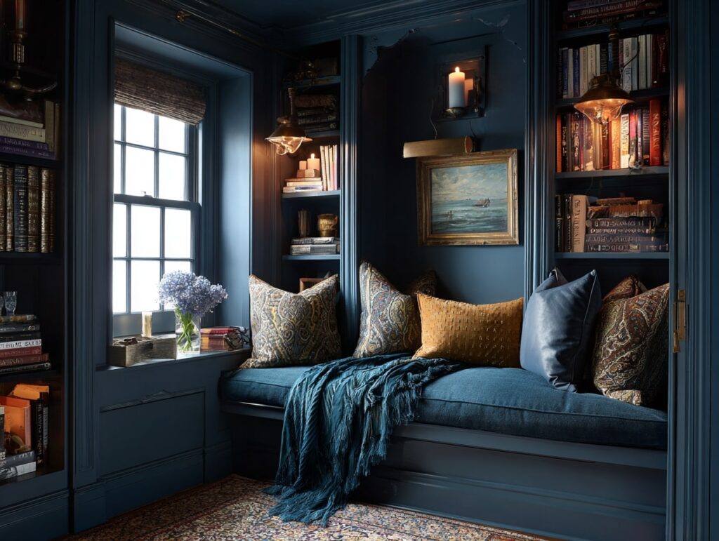 Moody Blue Window Nook with Elegant Details


