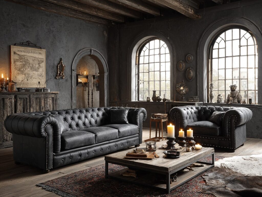 Black Leather Chesterfield in a Moody Drawing Room

