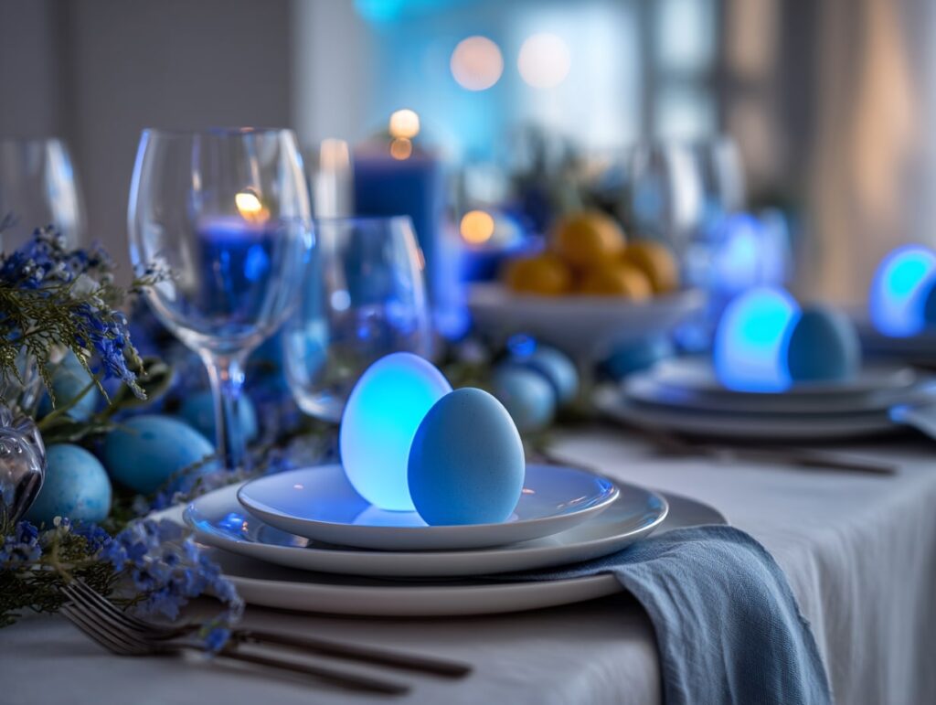 Elegant Easter Table with Glowing Blue Eggs

