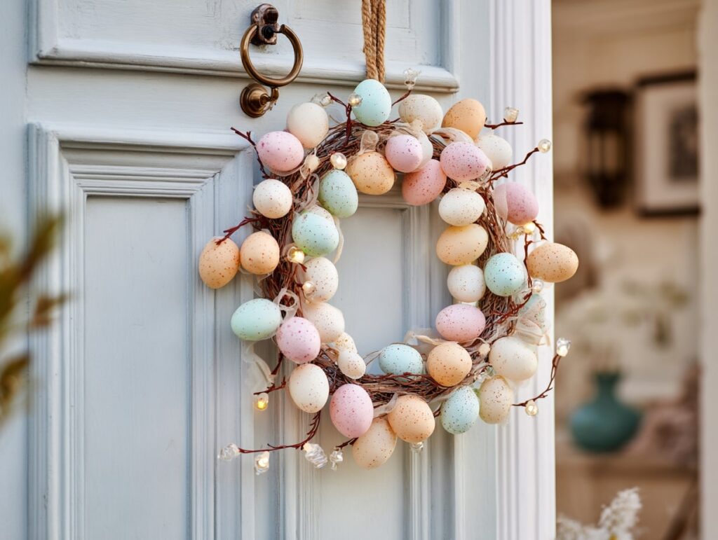 Pastel Egg Wreath with Twinkle Lights for Easter
