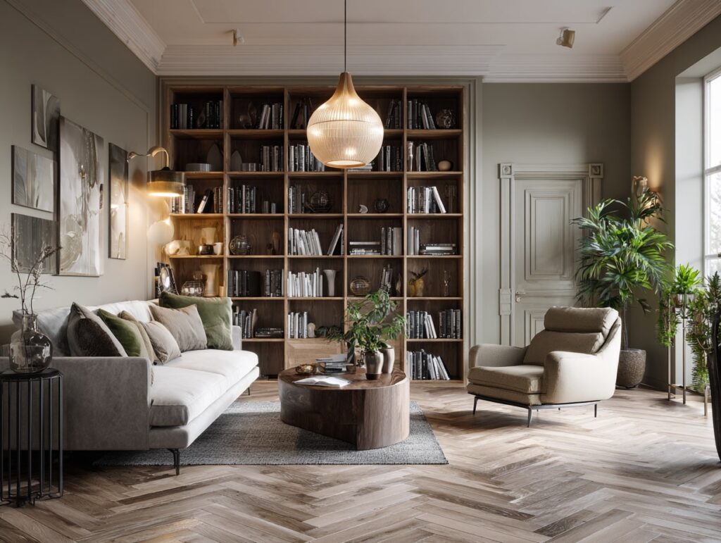 Beige Living with Warm Wood and Green Accents