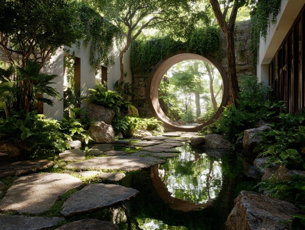 Tranquil Garden with Pond and Circular Entryway